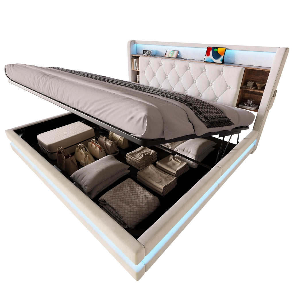 Letto matrimoniale 180x200 cm con contenitore idraulico; LED; 2 USB e Type-C; velluto beige