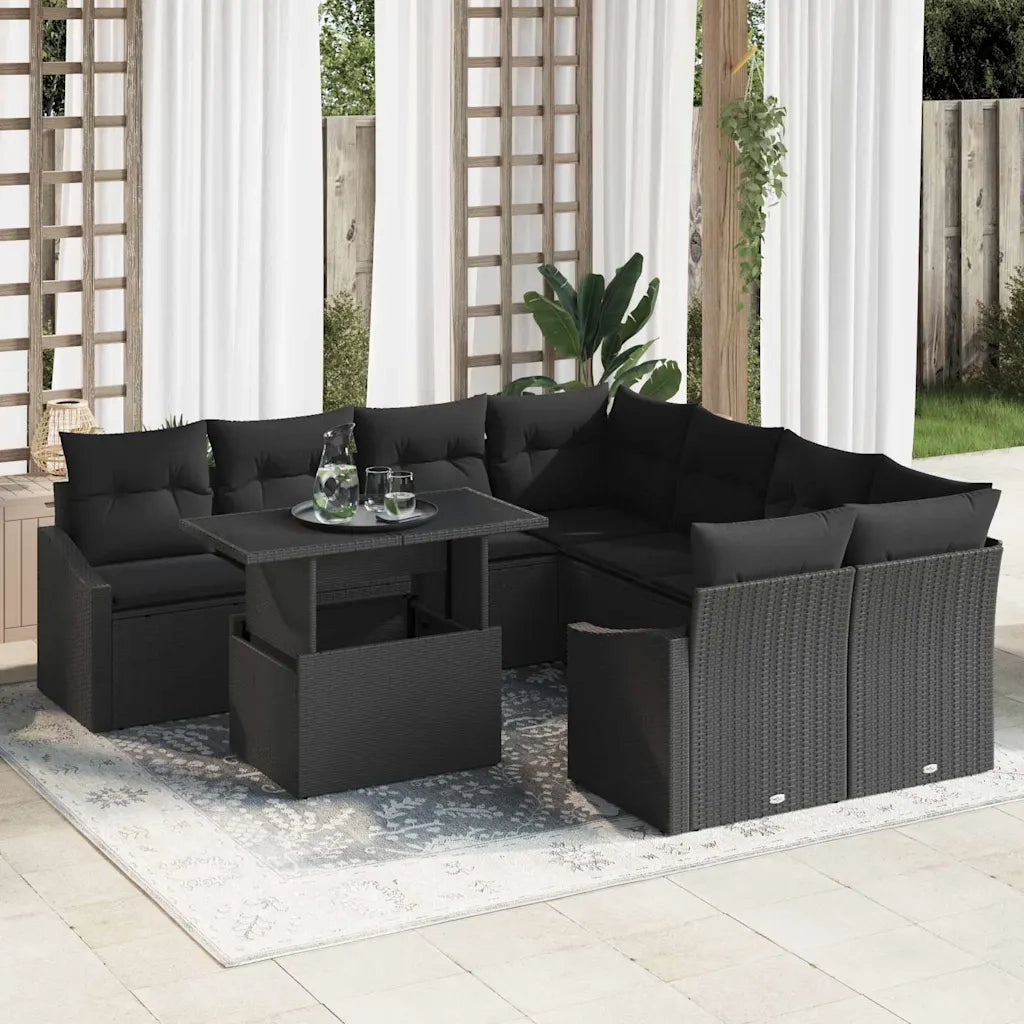 Set Divano da Giardino con cuscino 9 pcs Nero polyrattan