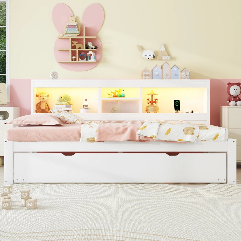 Letto singolo 90 × 200 cm con letto estraibile LED prese USB vano laterale in truciolato e MDF bianco