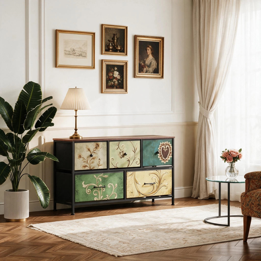 Cassettiera camera da letto 30x100x55 cm con cassetti in tessuto motivo floreale vintage mobiletto multiuso in legno e acciaio - verde