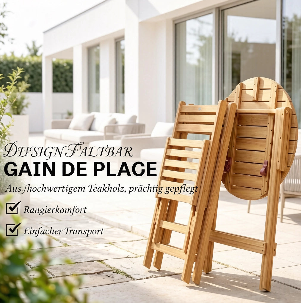 Set mobili da giardino in legno di acacia con tavolo pieghevole Ø 60 cm e 2 sedie