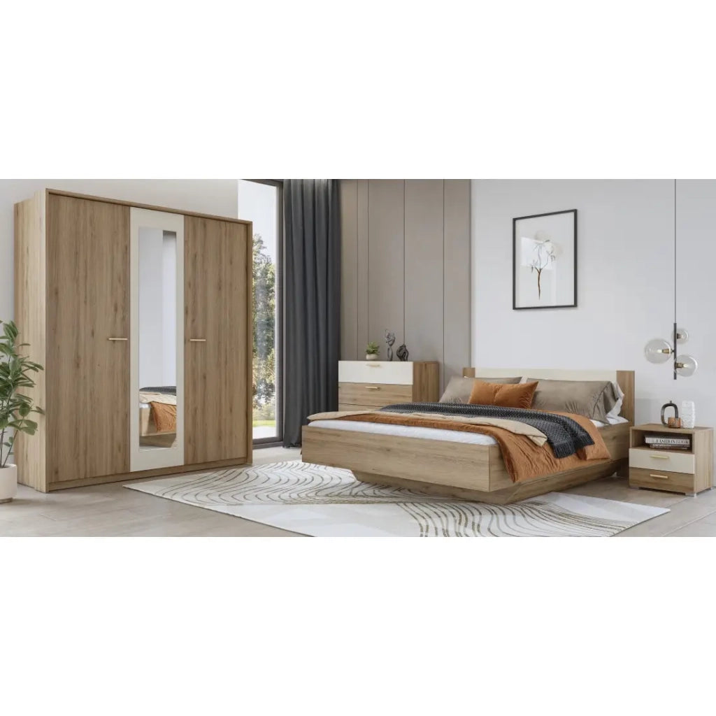 Camera completa VERTIGO – Letto contenitore 160x200, 2 comodini, armadio a 3 ante, cassettiera + cornice design
