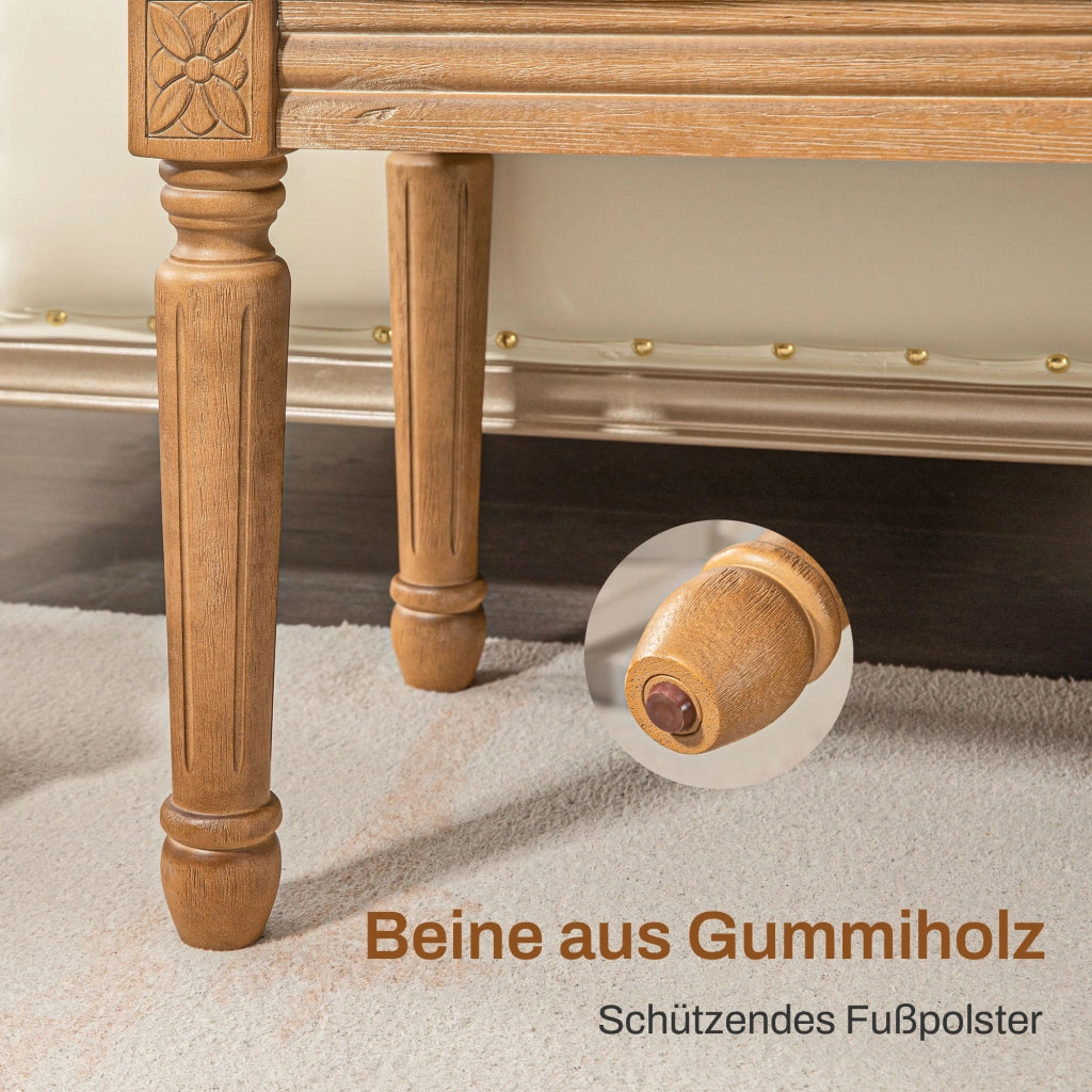 Panca da letto imbottita con bottoni e gambe in legno, stile francese, in poliestere bianco crema, 120 × 41 × 48 cm