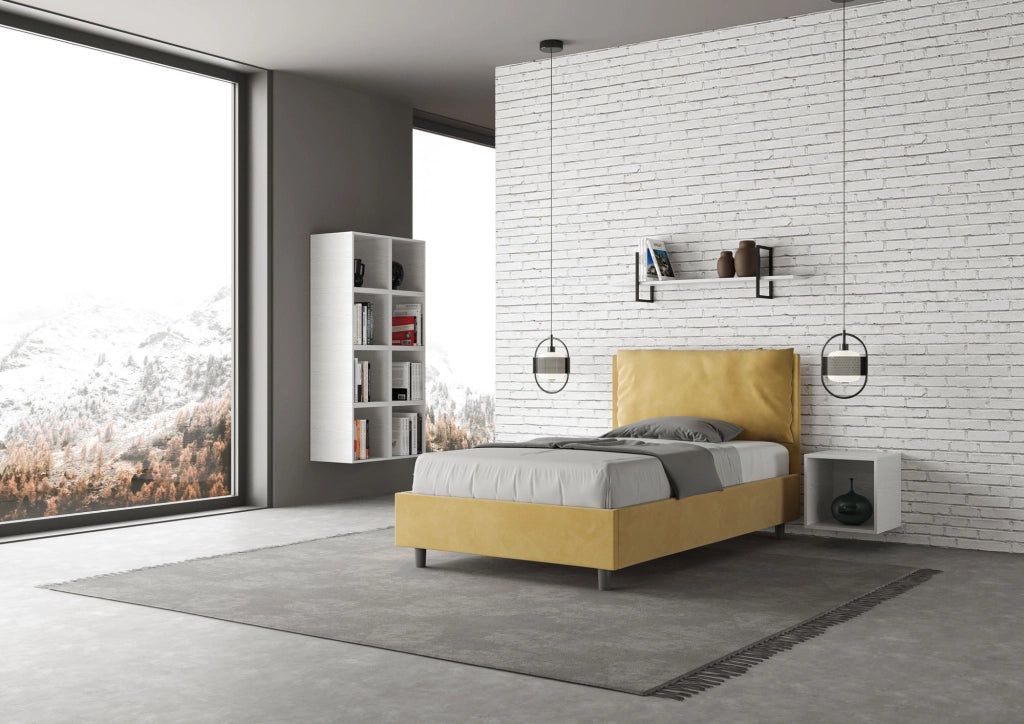 Letto 1 Piazza E Mezzo 130x190 cm con Rete e Contenitore Imbottito in Microfibra Antea Large Ocra