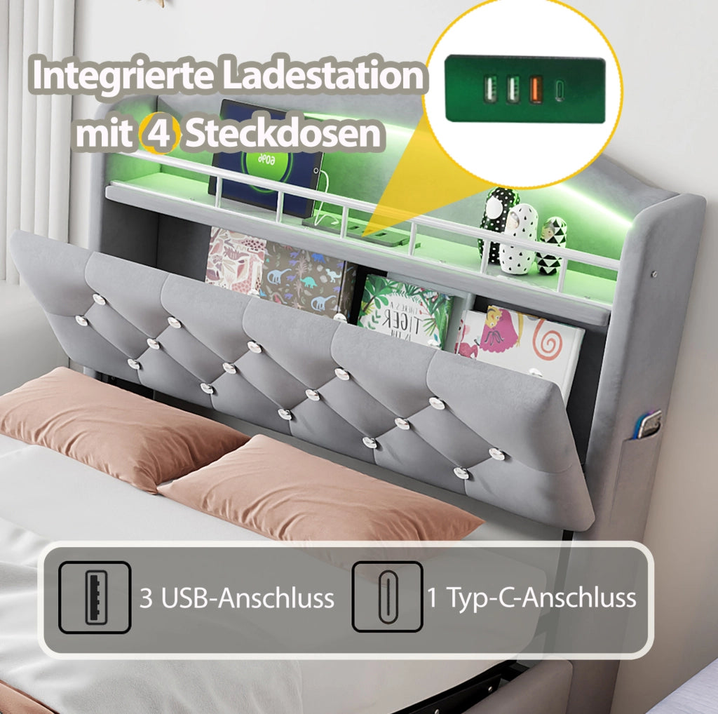 Letto imbottito per bambini 90x200 cm con contenitore, LED, USB e portaoggetti, grigio
