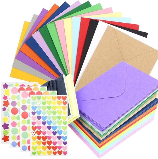 Mini Enveloppe Colorate 120 Unità - 10,2 x 7 cm - Carta - Incluso 4 Fogli di Etichette Autoadesive - Ideale per Progetti di Fai da Te - Enveloppe Piccole