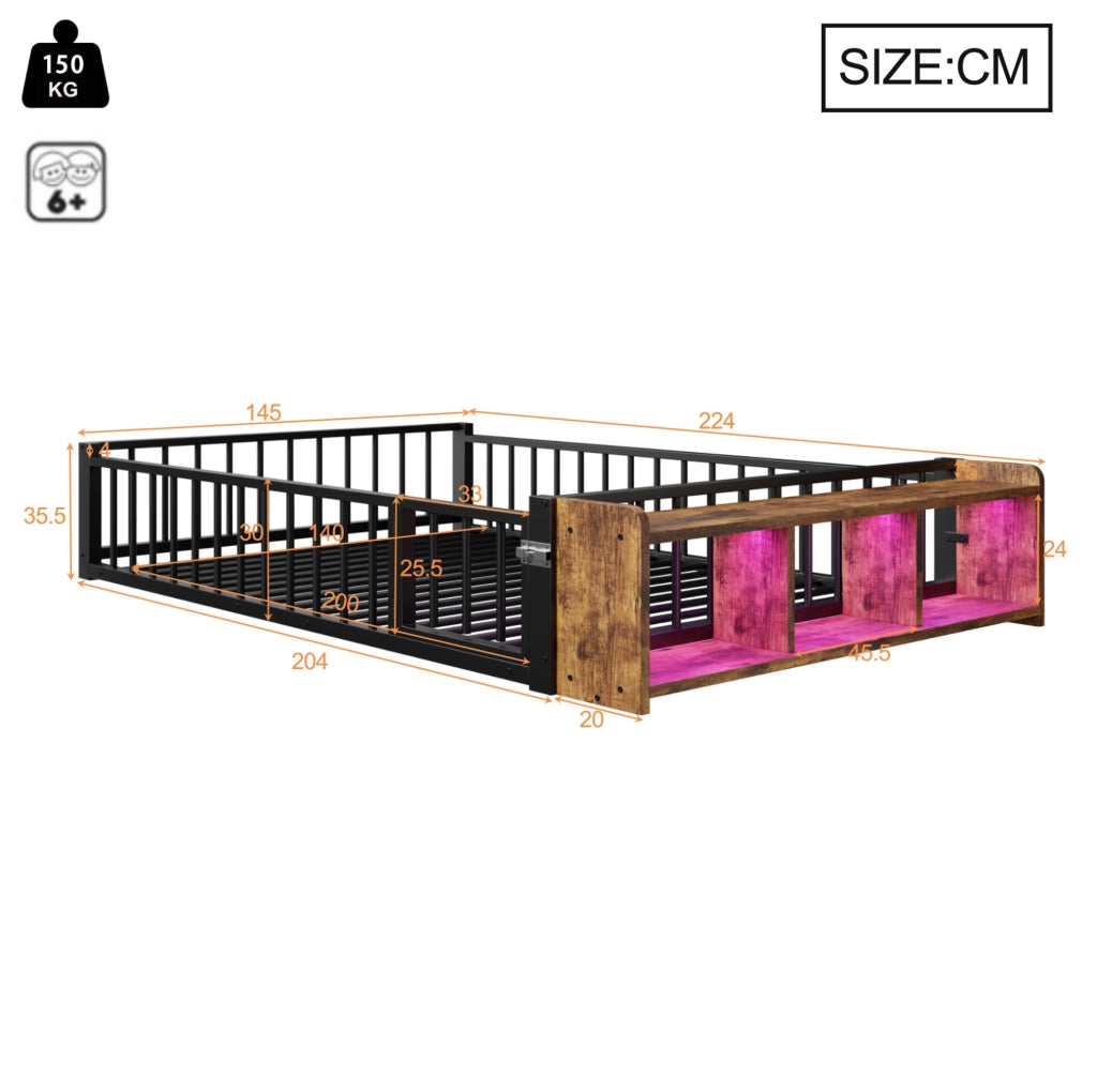 Letto singolo in metallo 140 x 200 cm con spondina di sicurezza e LED, colore nero