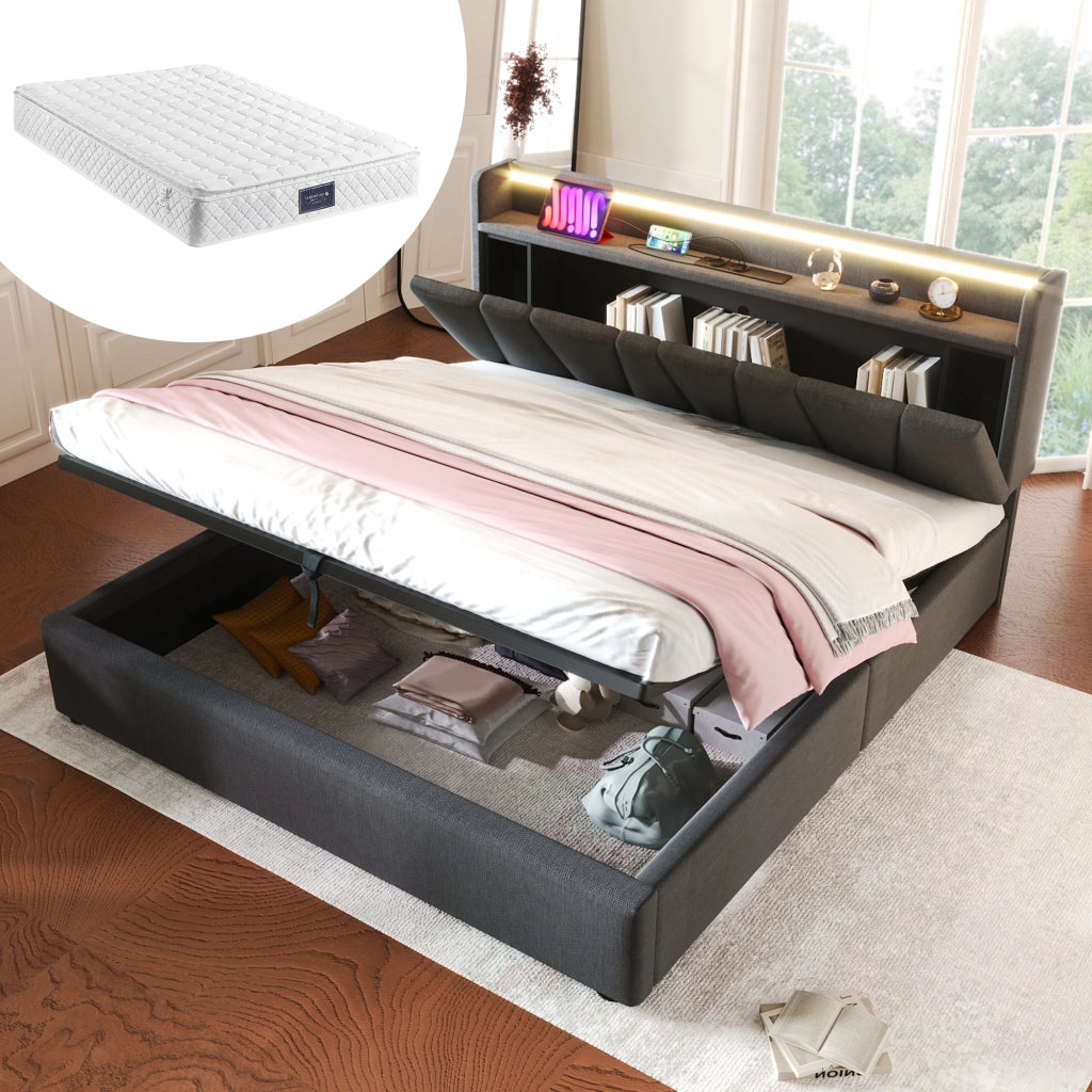 Letto contenitore 140 × 200 cm con testiera portaoggetti; prese USB e Type-C; LED RGBW; lino grigio