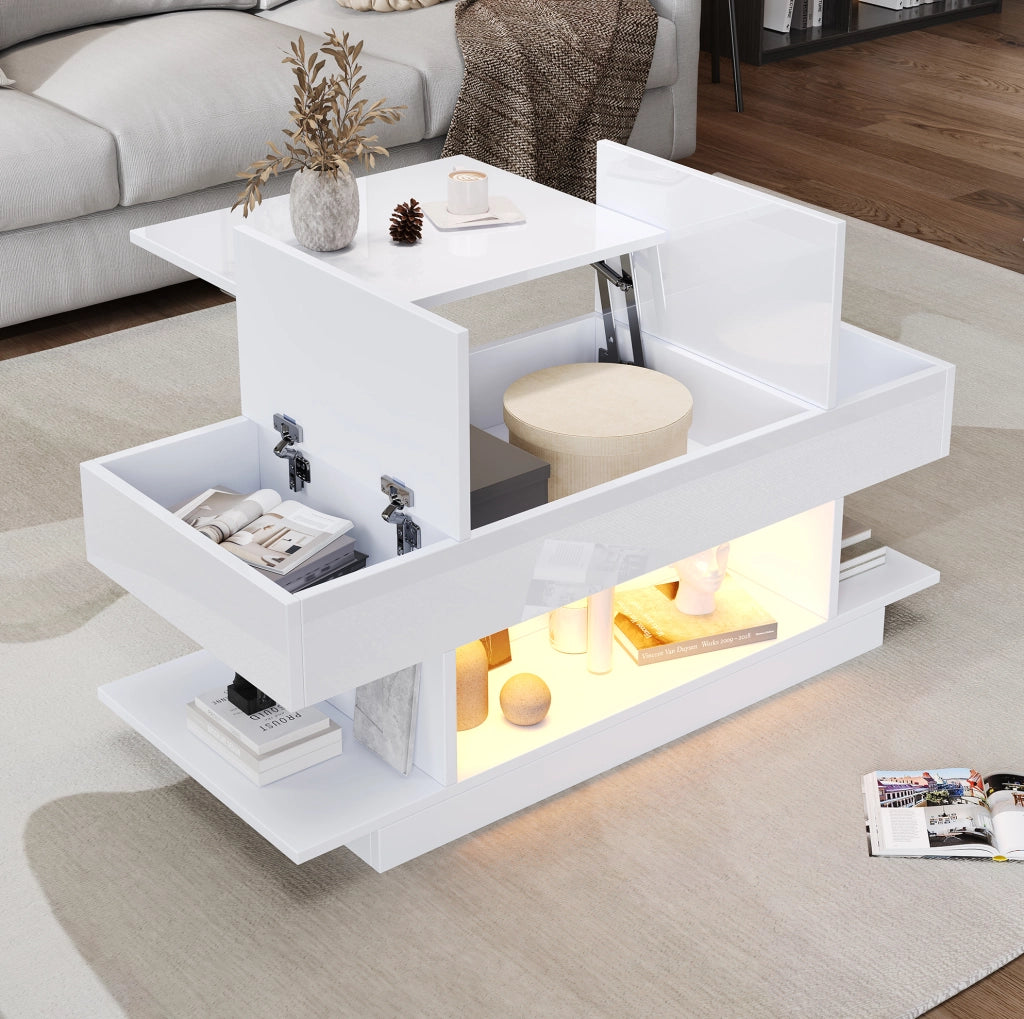 Tavolino elevabile bianco con luci LED e contenitore