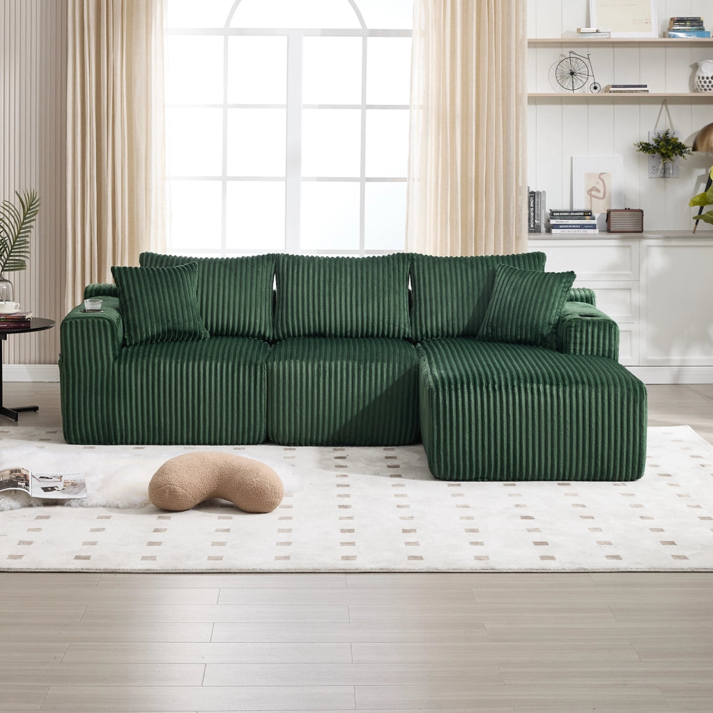 Divano modulare smeraldo con chaise longue, portabevande e 5 cuscini