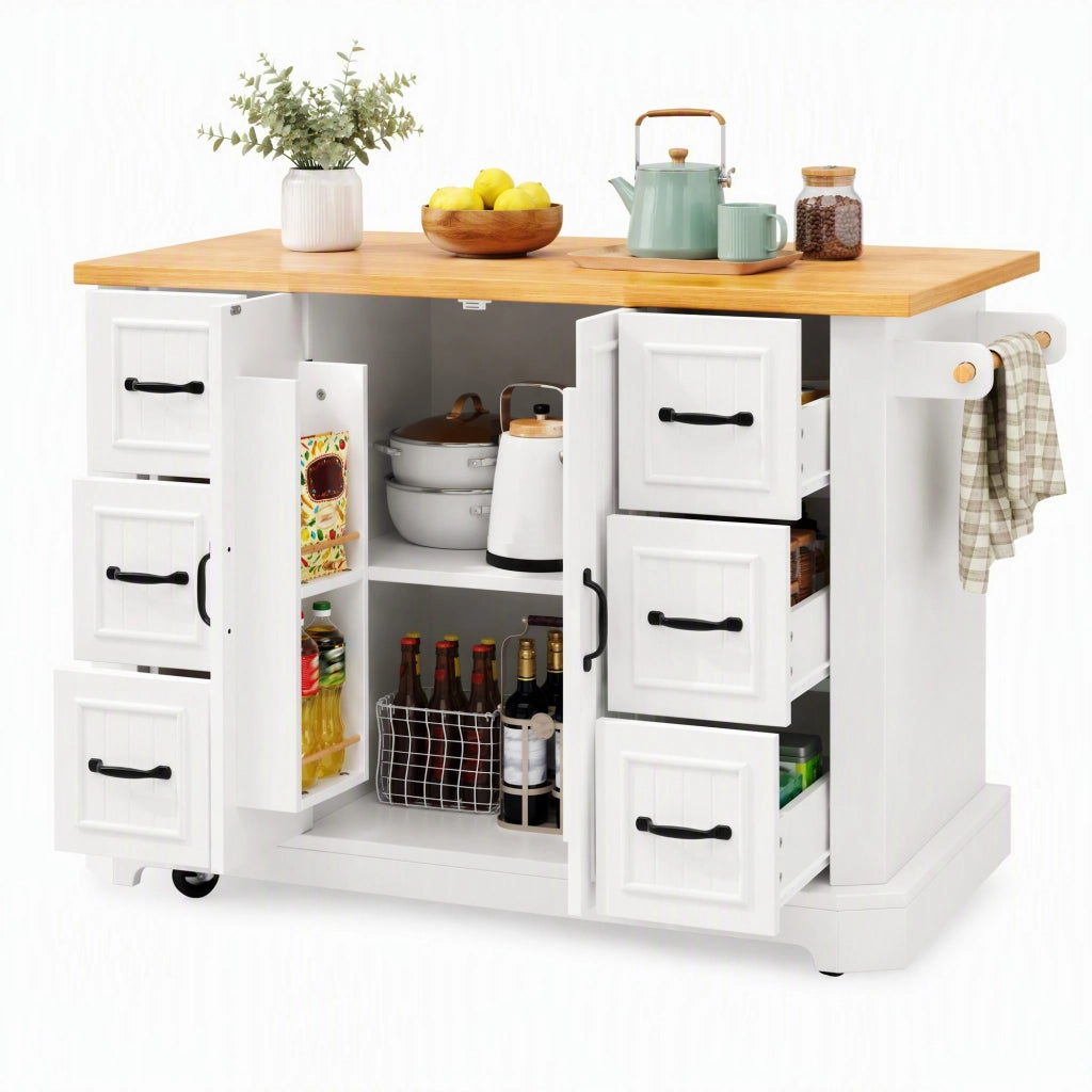 Isola da cucina mobile con 2 ante e 6 cassetti su 5 ruote in MDF e metallo bianco 120 × 45 × 91 cm