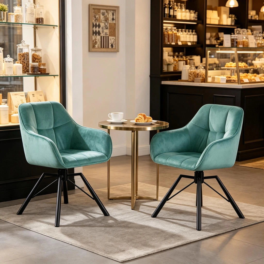 Set di 2 sedie da pranzo girevoli con rotazione 360°; braccioli e schienale in velluto - turchese