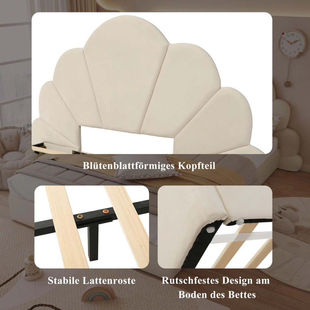 Letto matrimoniale imbottito 140 ¡Á 200 cm in velluto beige con testiera a forma di fiore e rete a doghe