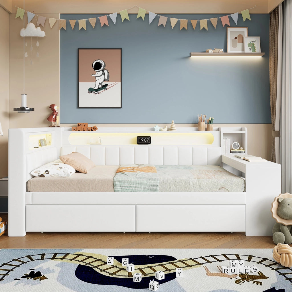 Daybed imbottito 90x200 cm con USB, illuminazione LED, scrivania integrata e 2 cassetti, bianco