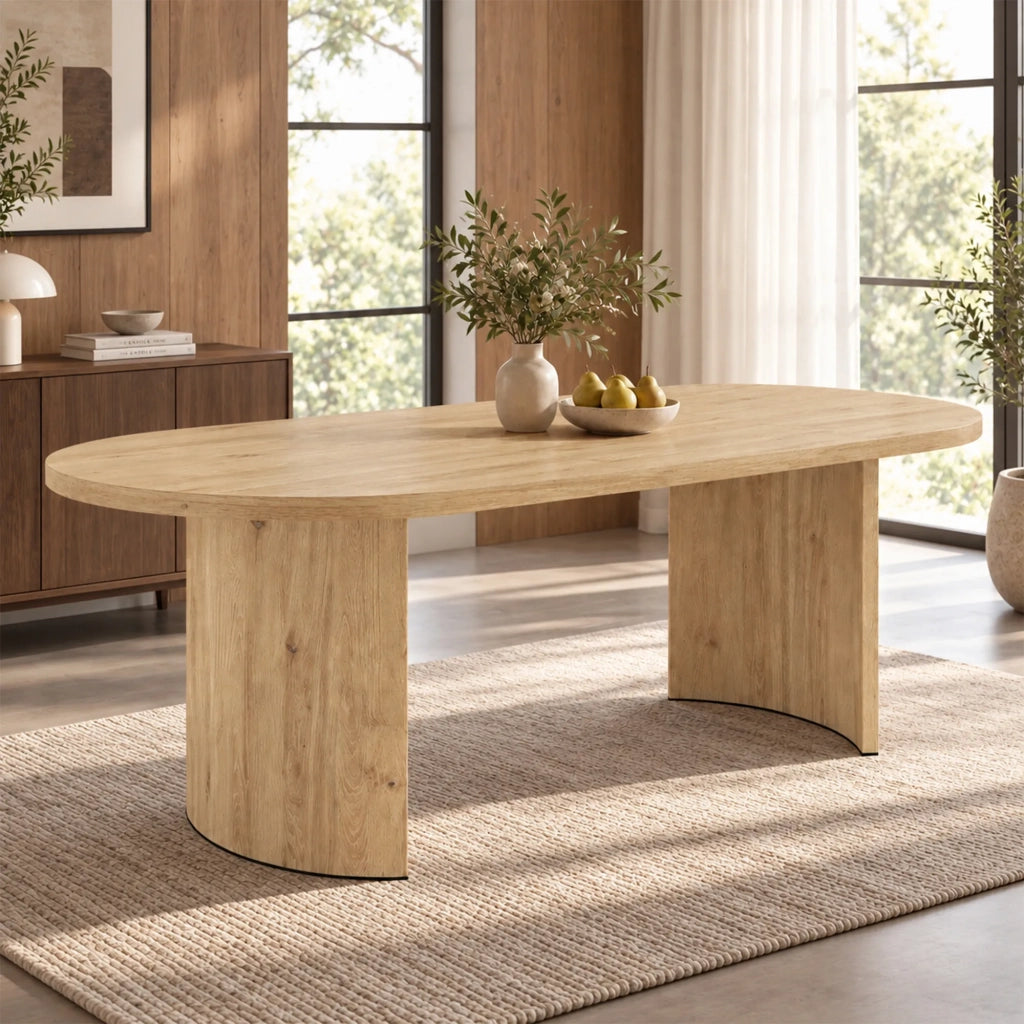 Tavolo da pranzo 200x90 cm per 6-8 persone, colore quercia, stile semplice con piano spesso, gambe curve e angoli arrotondati