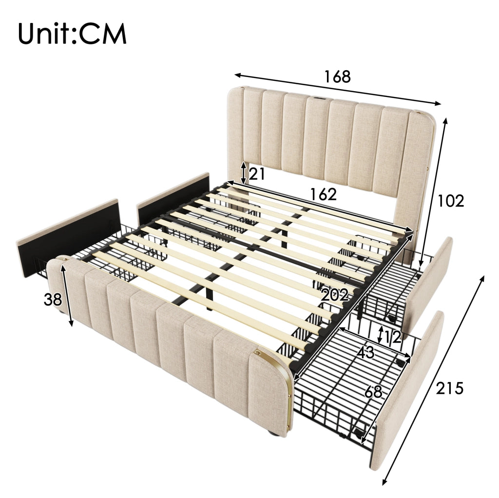 Letto matrimoniale imbottito 160x200 cm con testiera beige in lino, 4 cassetti, ricarica USB Tipo-C, supporto fino a 200 kg