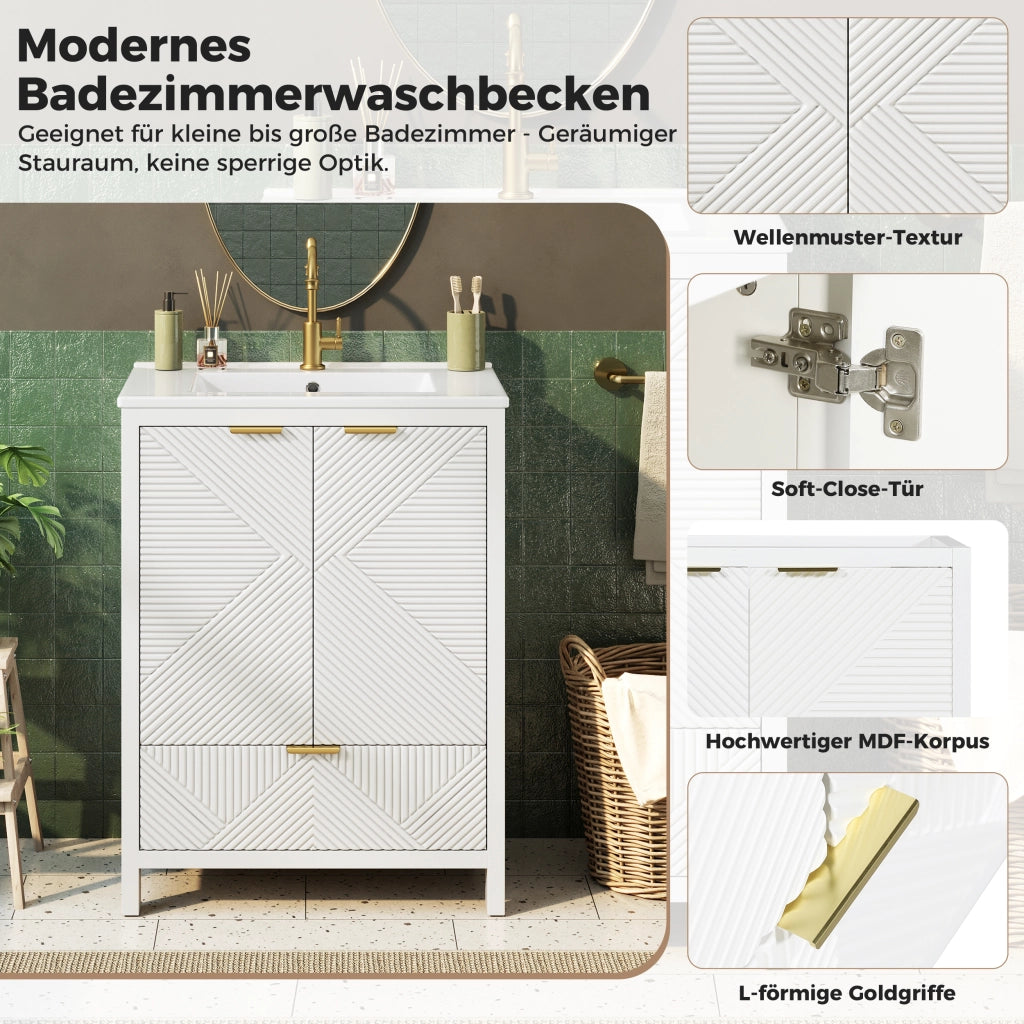 Mobile sottolavabo con lavabo in ceramica, 2 ante ammortizzate, cassetto e ripiani, per bagno, bianco, 61 × 47 × 87 cm