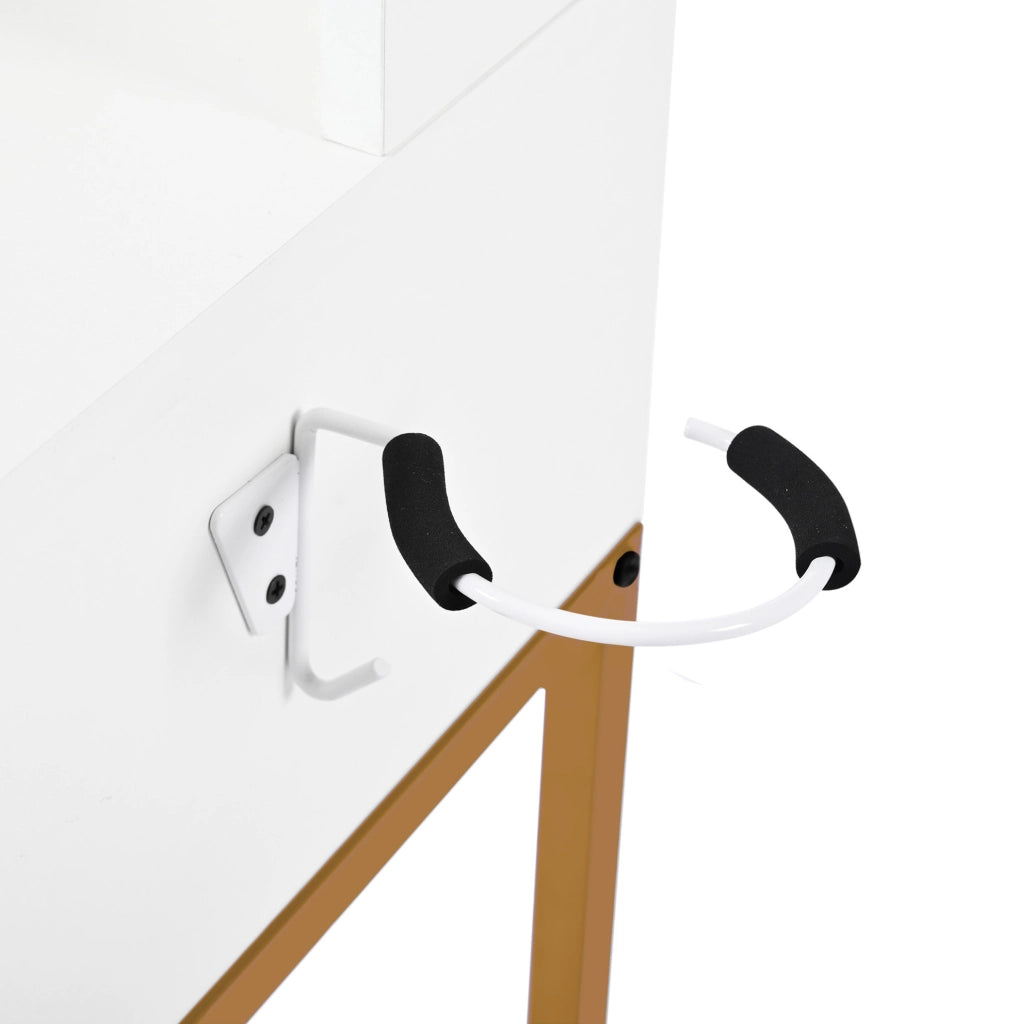 Toeletta 80x40x138,5 cm in truciolare con specchio LED, USB e sgabello bianco e oro