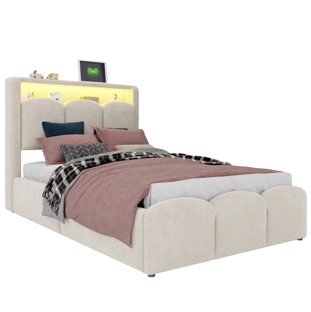 Letto singolo imbottito 90x200 cm con contenitore idraulico, rivestimento in velluto beige e illuminazione LED con USB e Type-C