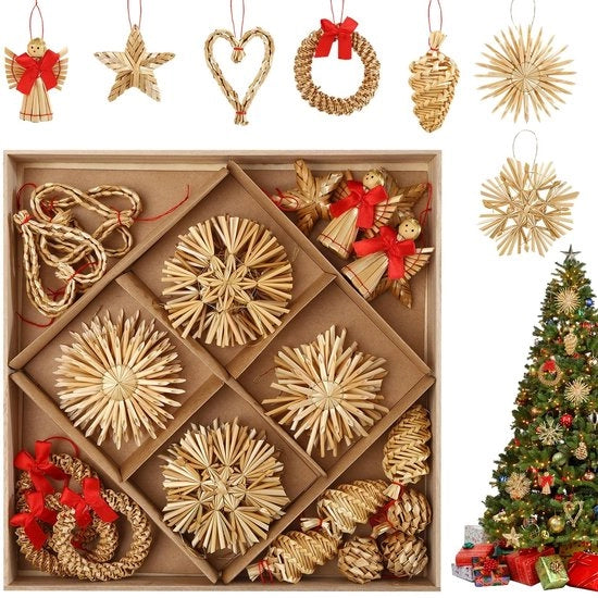 Decorazione di Natale in paglia, set di 38 pezzi di decorazione di Natale in paglia, fiocco di neve con scatola in legno, angelo in paglia per decorazione di Natale 6-8 cm
