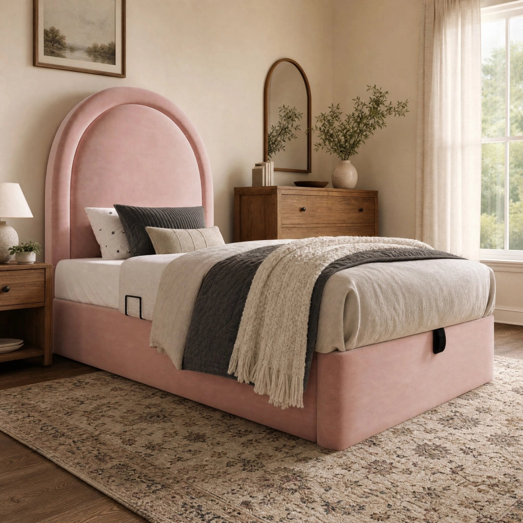 Letto imbottito rosa con contenitore 90 x 190 cm in velluto