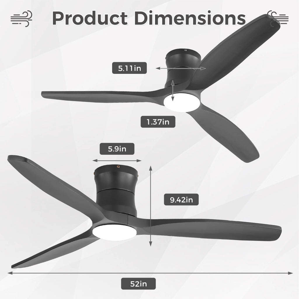 Ventilatore da soffitto a profilo basso con luce LED dimmerabile; motore DC reversibile e telecomando a 6 velocità