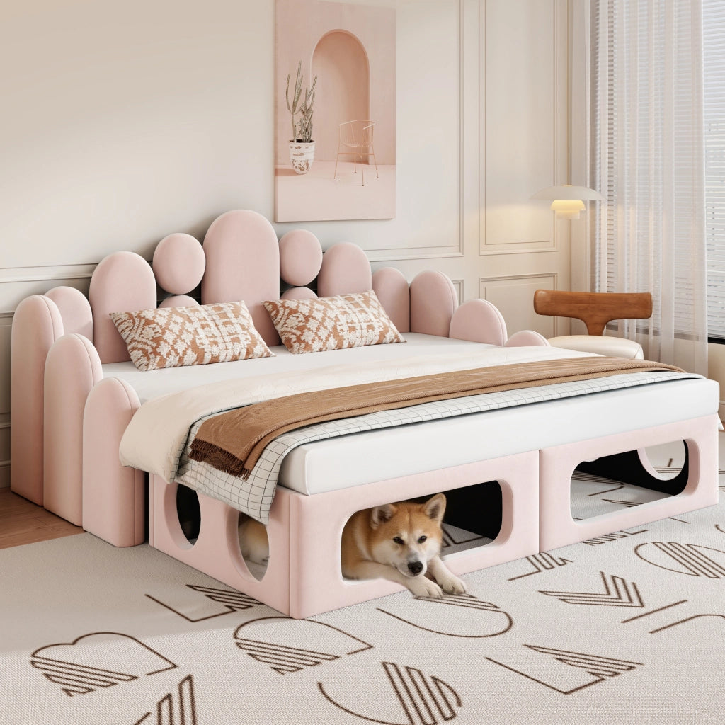 Letto multifunzionale 180 × 200 cm in velluto rosa con cuccia per animali e struttura divisibile