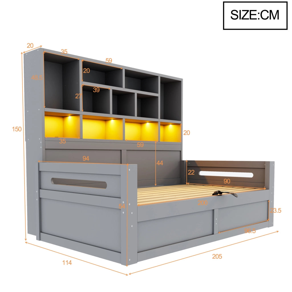 Letto singolo multifunzione 90x200 cm con contenitore idraulico, illuminazione LED e presa elettrica, grigio