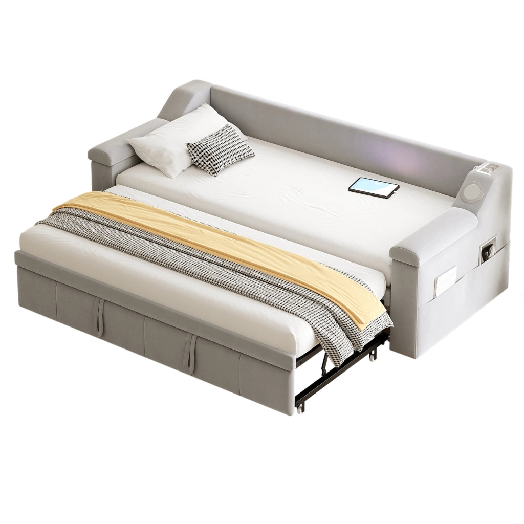 Letto estraibile imbottito con Bluetooth USB vani portaoggetti rete a doghe velluto grigio chiaro