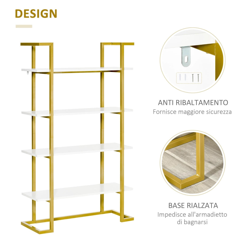 Libreria 4 Ripiani 92x35x152 cm in MDF e Acciaio Bianco e Oro