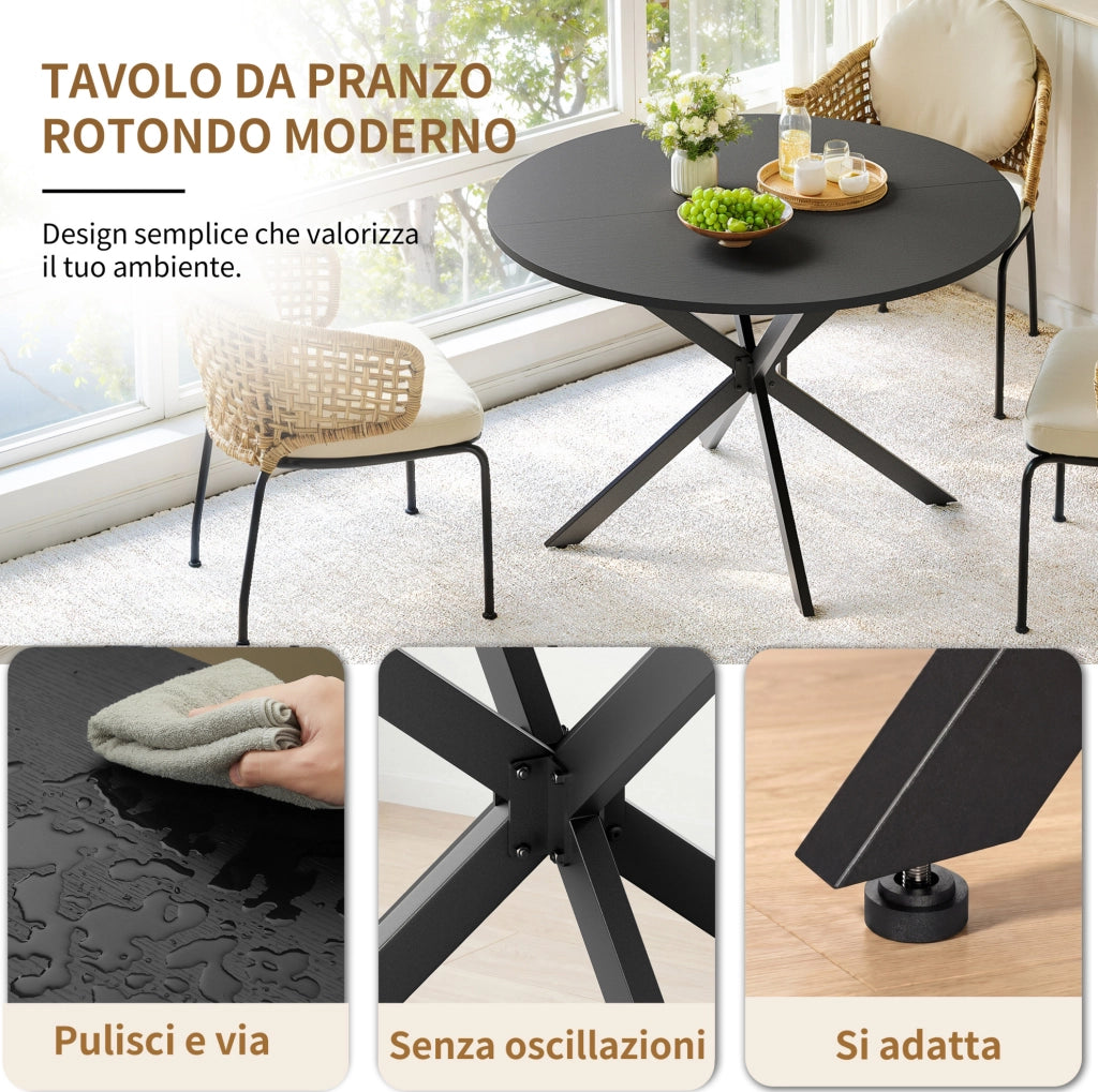 Tavolo rotondo 120 cm con gambe a X in acciaio nero per cucina, sala da pranzo o home office