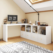 Scrivania angolare girevole a 360° con 4 cassetti e 4 vani contenitore, per ufficio e cameretta, in MDF bianco