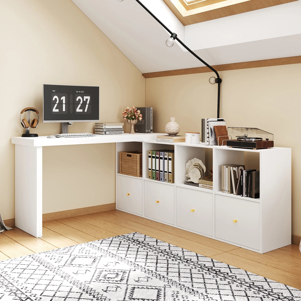 Scrivania angolare girevole a 360° con 4 cassetti e 4 vani contenitore, per ufficio e cameretta, in MDF bianco