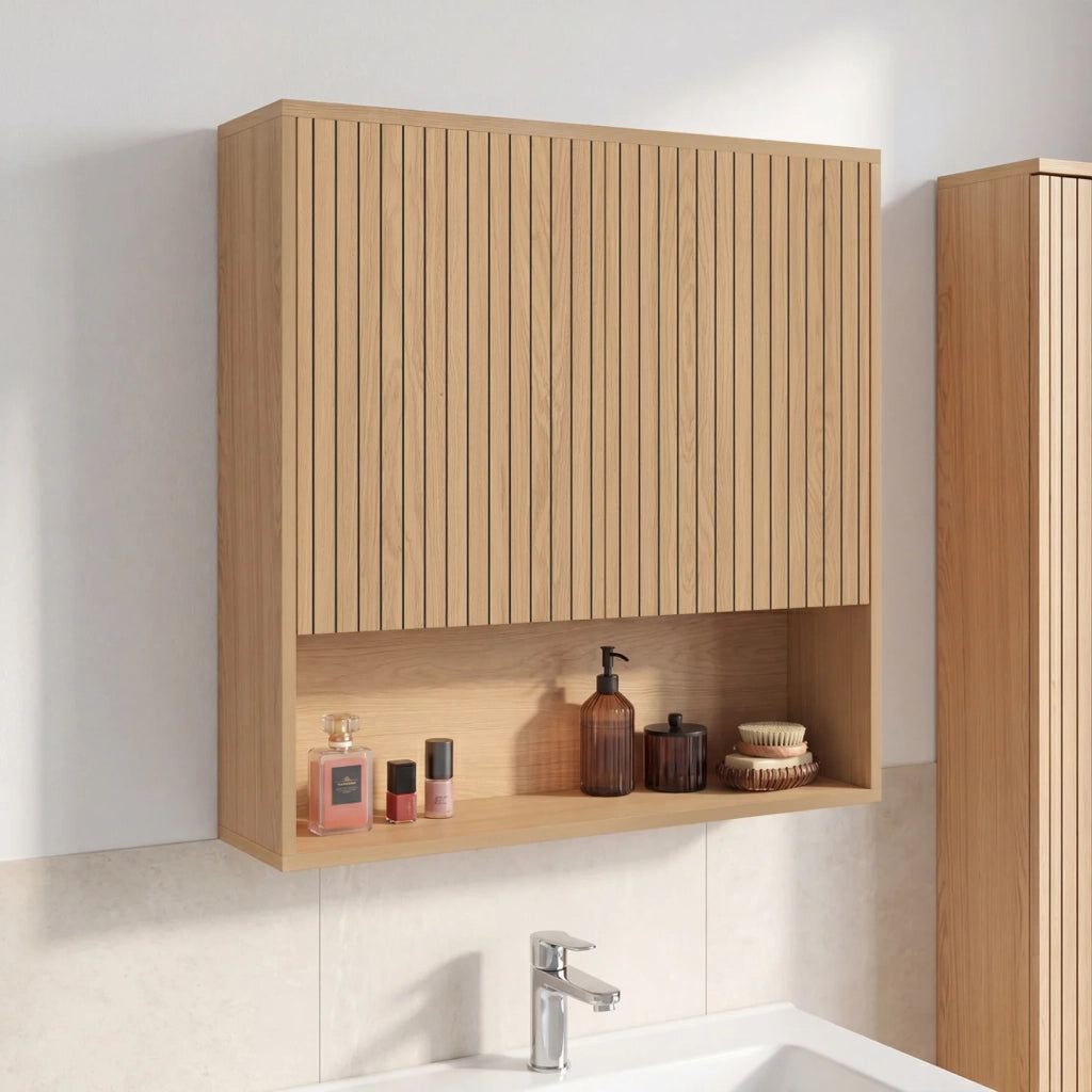 IDMarket - VICTOR Mobile da bagno sospeso a 2 ante con ripiano effetto doghe