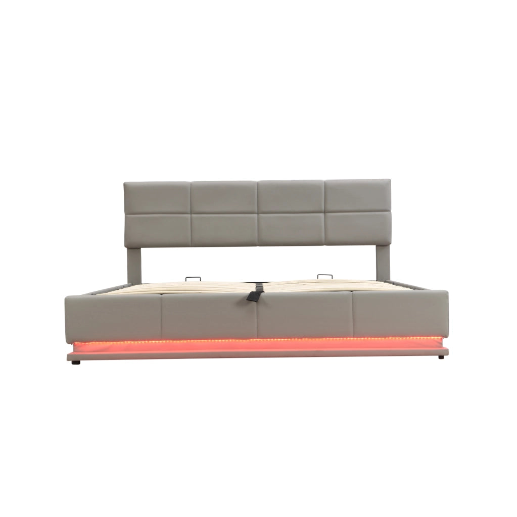 Letto 180x200 cm con contenitore idraulico, LED e rivestimento in similpelle grigio cemento