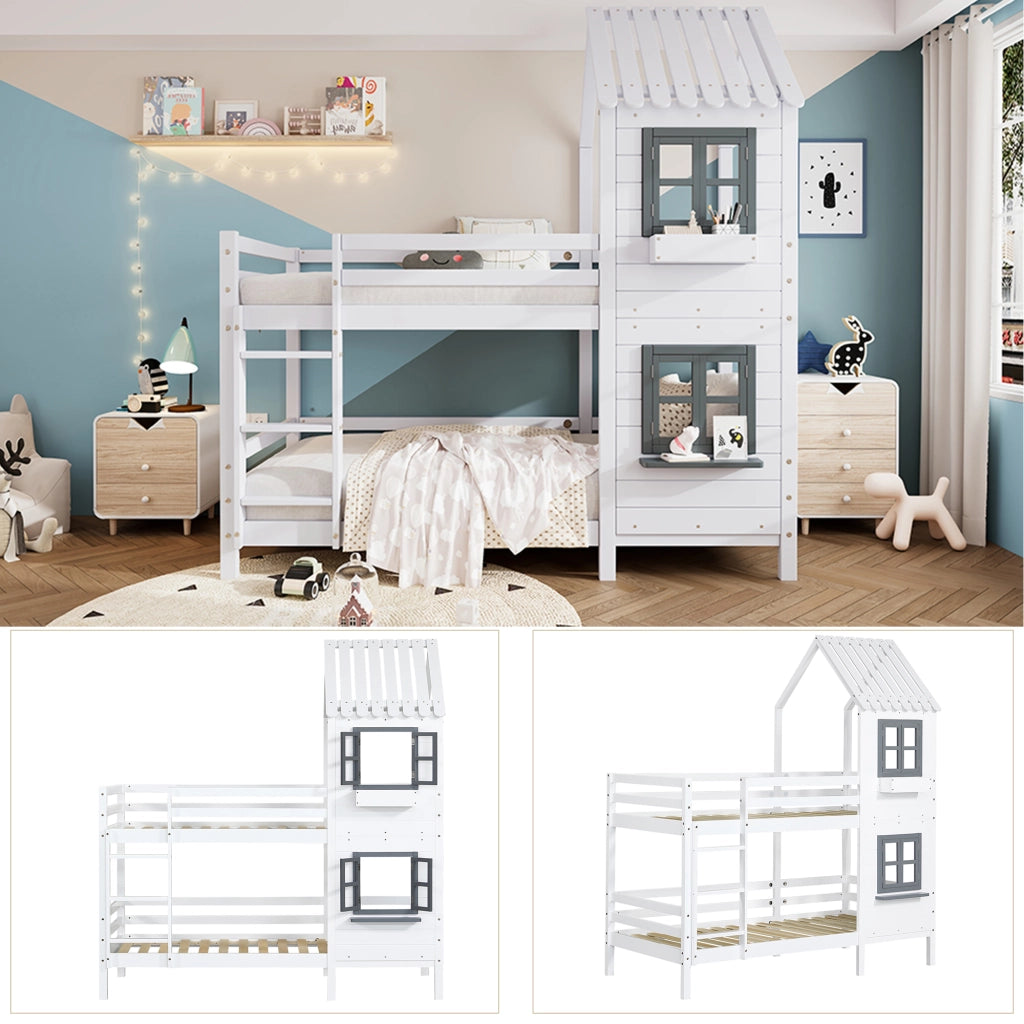 Letto a castello per bambini 90 × 200 cm, 2 posti, con finestre, scala con corrimano e barriere, senza materasso, bianco