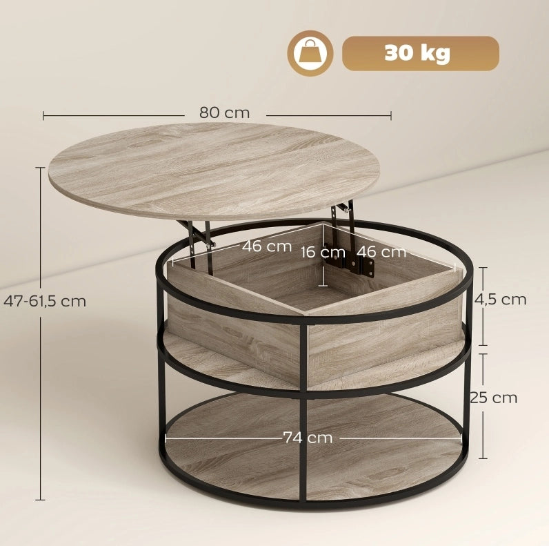 Tavolino da salotto rotondo elevabile Ø80 cm con vano contenitore e ripiani rovere HOMVRA
