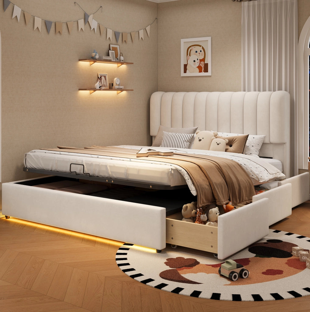 Letto contenitore per bambini 140x200 cm in velluto beige con 3 cassetti e LED HOMVRA