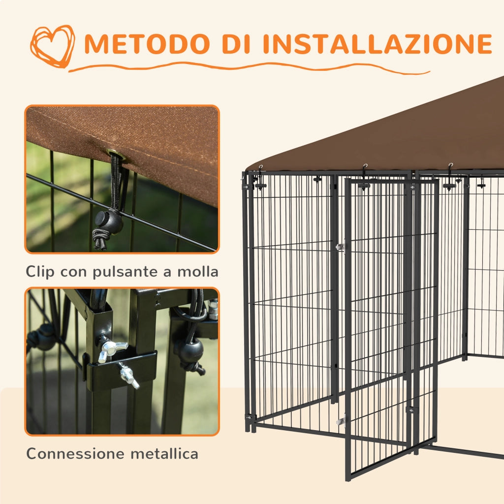Recinto per Cani in Metallo e Tessuto Oxford con Porticina per Ciotole, 211x211x151 cm, Nero e Marrone