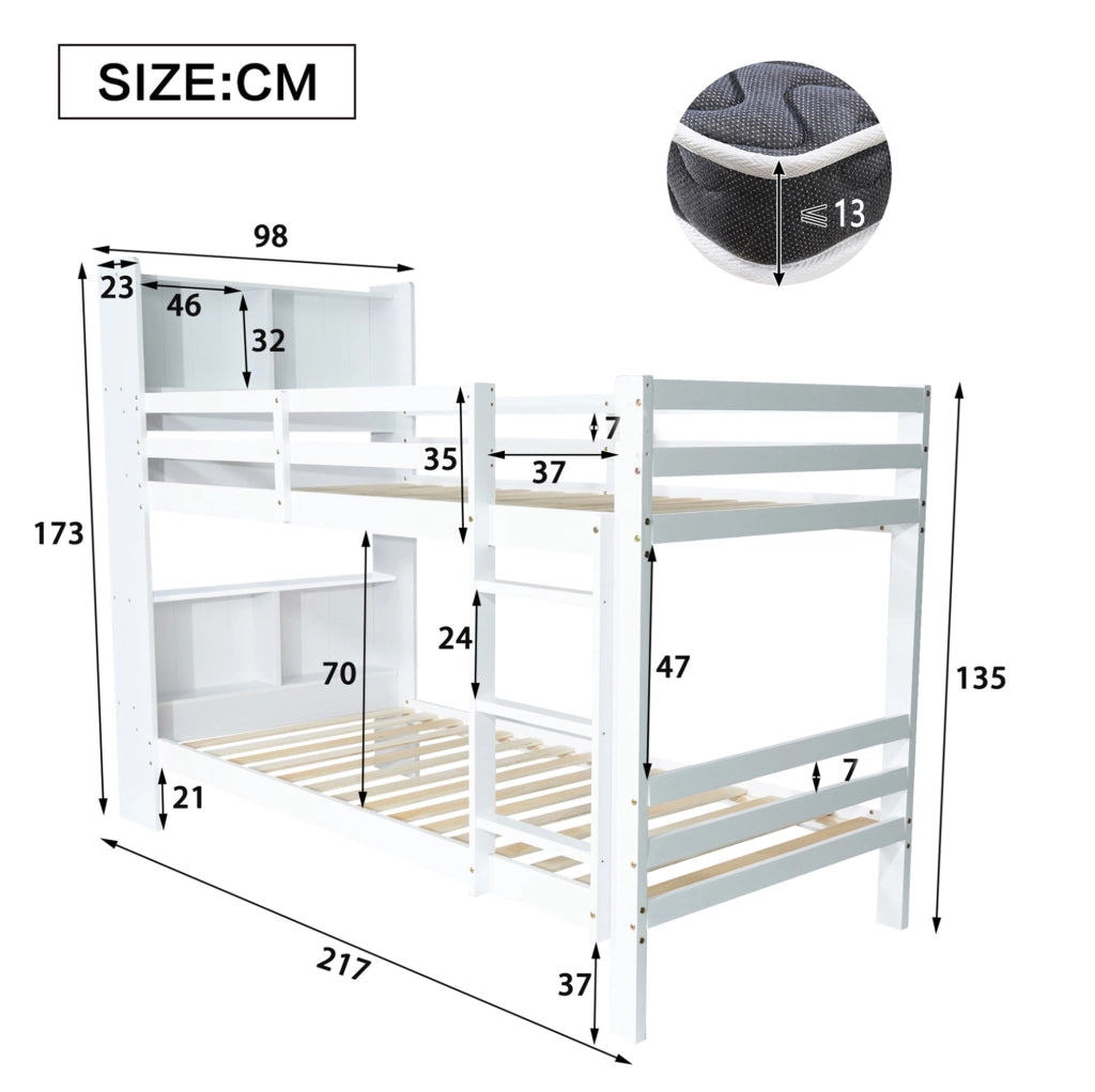 Letto a castello bianco 90x200 cm con ripiani e scala a 3 gradini