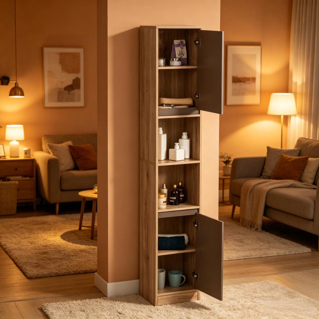 Colonna da bagno con 2 armadietti; 2 vani aperti e ripiani regolabili in MDF grigio effetto rovere 30 × 24 × 170 cm