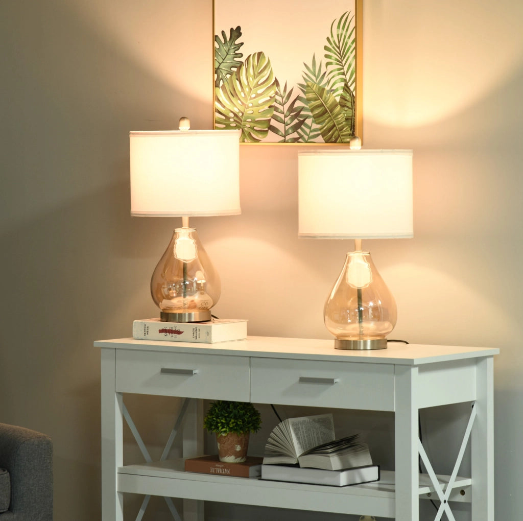 Set di 2 lampade da tavolo con base in acciaio e vetro, paralume in lino bianco, attacco E27, 40W, colore ambra, Ø30 x 56 cm
