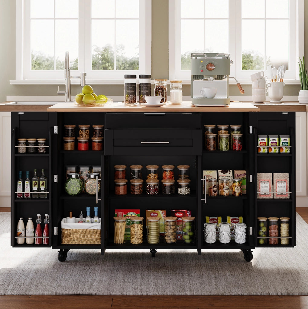 Carrello da cucina 120x45 cm con piano estensibile; MDF nero e naturale