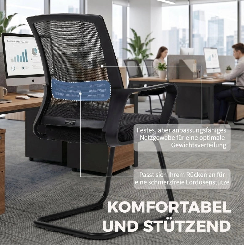Set di 2 sedie ergonomiche da scrivania senza ruote con struttura a slitta, imbottite, nere, per sala d'attesa e reception