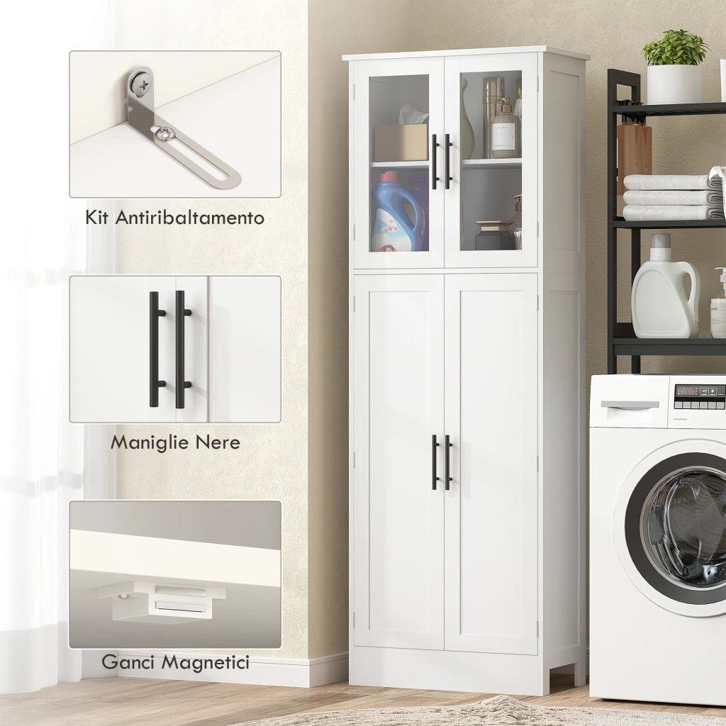 Mobile bagno alto con ante in vetro ¨C Xylo ¨C Bianco, legno, ripiani regolabili, 60x30x170 cm
