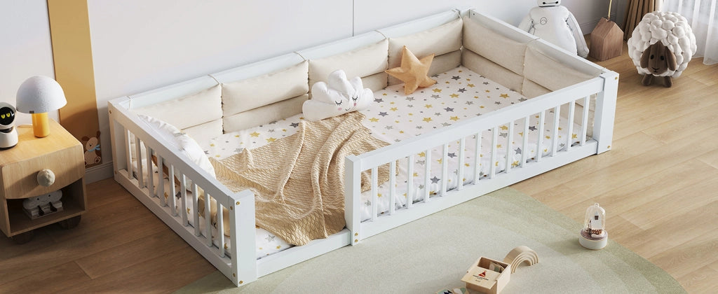 Letto a piattaforma 90 x 200 cm, legno massiccio e MDF, bianco, con barriere di sicurezza e cuscini