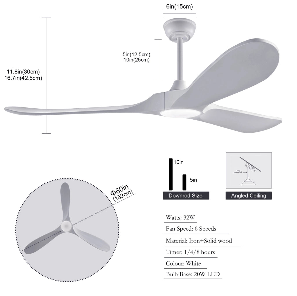 Ventilatore da soffitto 60" con LED dimmerabile; 3 pale in legno massello; bianco