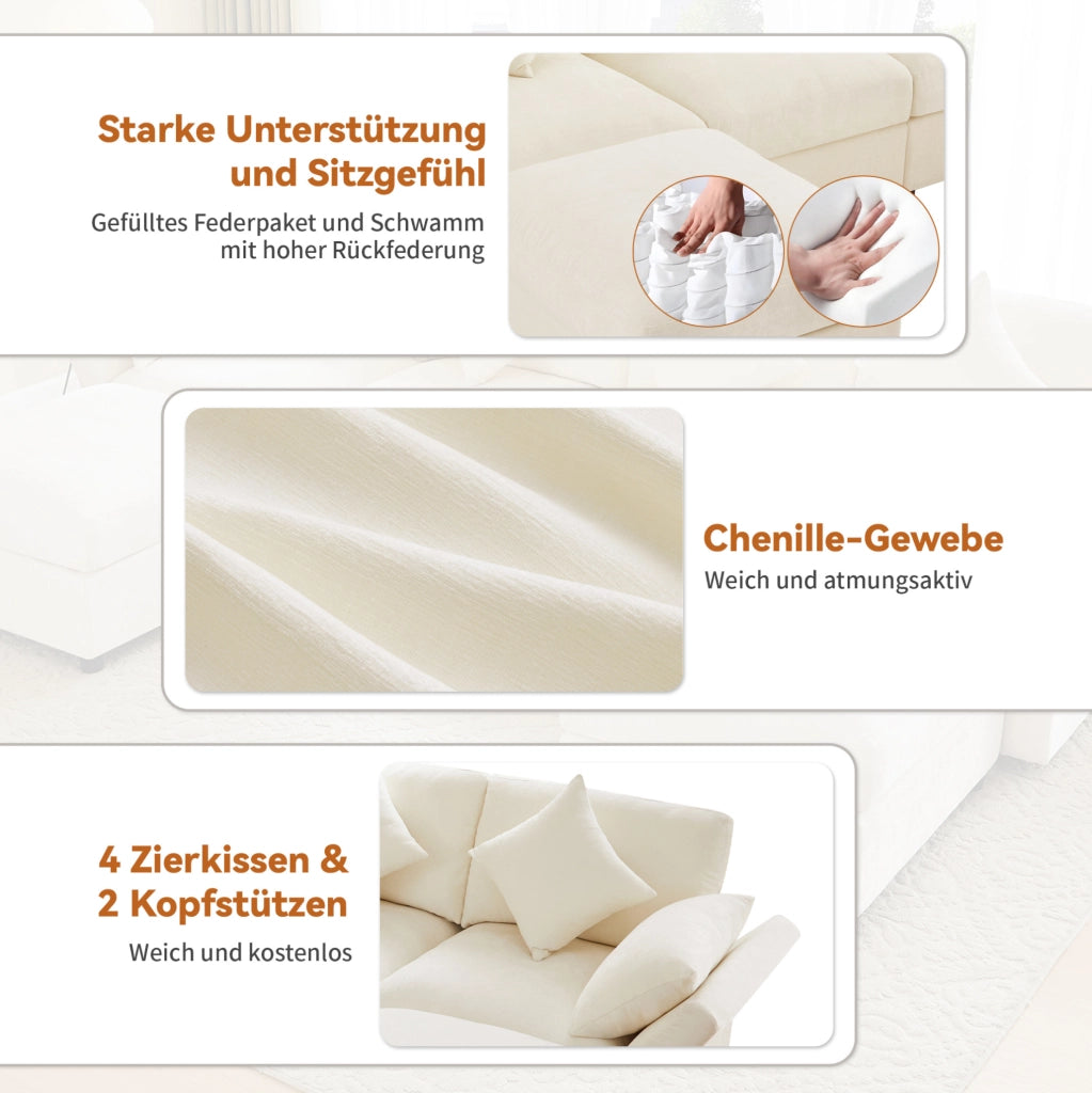 Divano modulare a forma di U/L in tessuto chenille beige con 2 pouf, 4 cuscini decorativi e 2 poggiatesta, braccioli regolabili