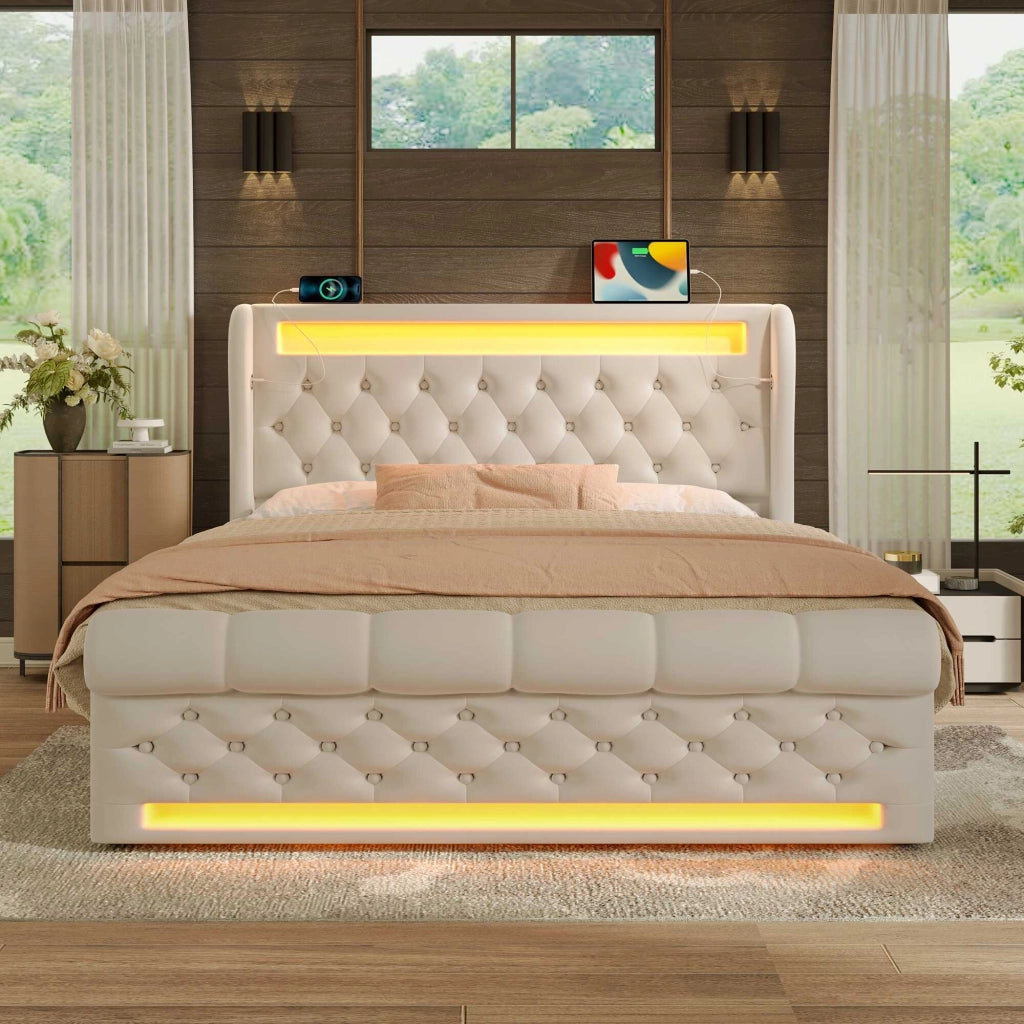 Letto contenitore beige 140x190 cm in velluto, LED su testiera e pediera, porte USB e USB-C, senza materasso