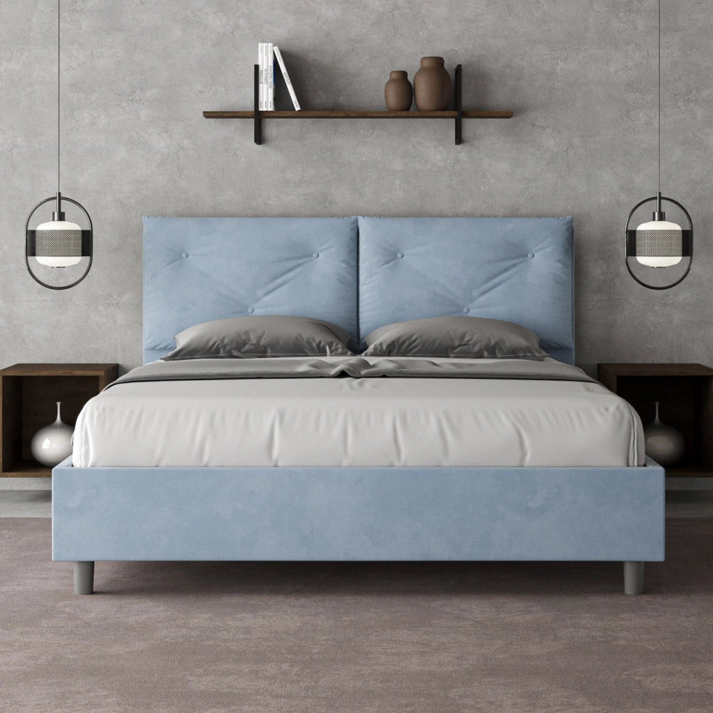 BS COM Letto queen size con rete imbottito 150x200 microfibra azzurro Large